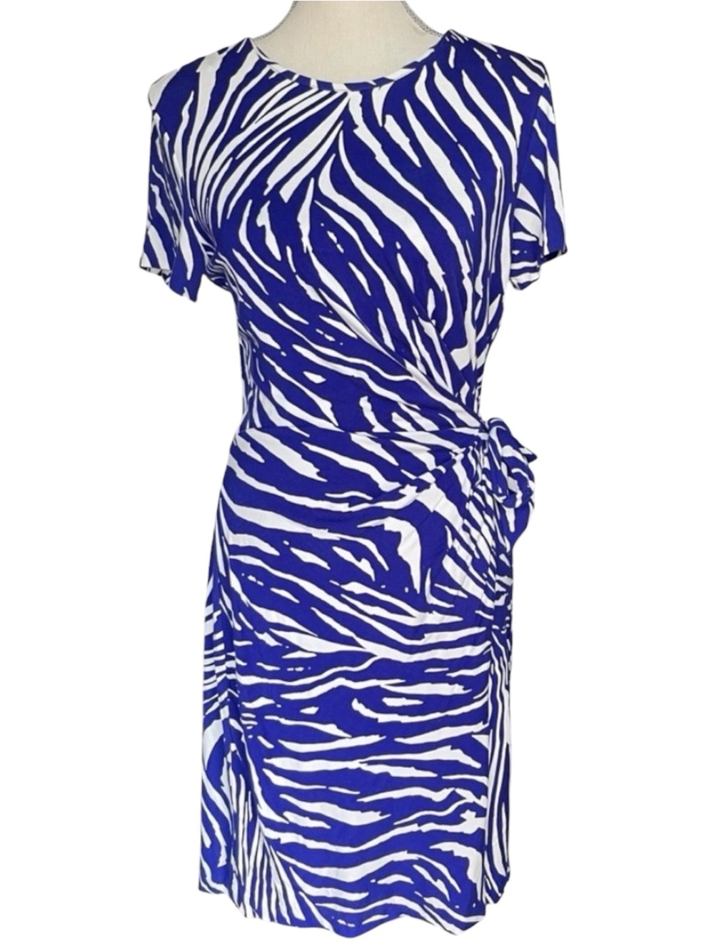 Diane von Furstenberg Blue/White Zebra Crew Neck Short Sleeve Wrap Dress (8)